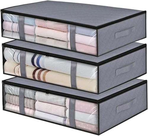 uPhitnis unterbett aufbewahrungsbox 3er set faltbar mit sichtfenster 60x45x15cm