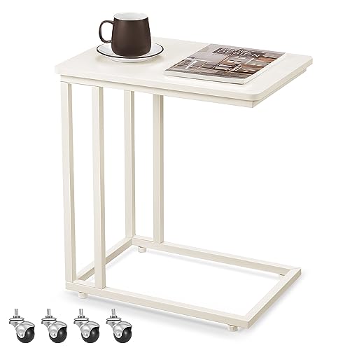 vasagle beistelltisch mit rollen, c-form, mobiler soffisch, cremeweiß, 35 x 50 x 60 cm