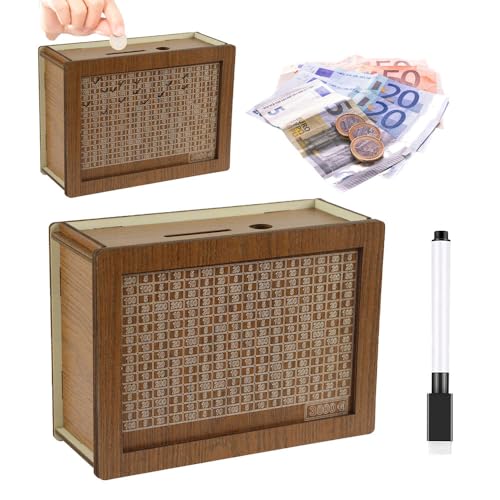 Produktbild: spardose holz 20x14,5x6,5 cm wiederverwendbare geldsparbox mit zahlen ankreuzen