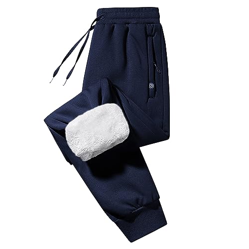 imuedaen joggingshose herren fleece gefüttert warm trainigs-hose mit tasche dunkelblau L
