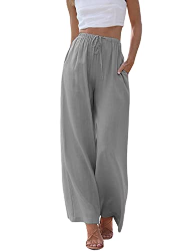 Produktbild: Imuedaen Damen leinenhose casual sommerhose hohe taille mit tunnelzug und taschen, grau S