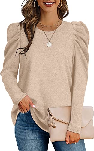 Aokosor Damen Pullover mit Puffärmel, elegantes Casual Rundhals Sweatshirt, langarm für Herbst und Winter, Größe S