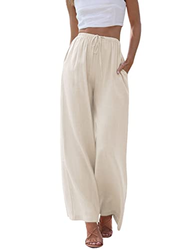 imuedaen leinenhose damen sommer casual hohe taille mit tunnelzug und taschen apricot, s