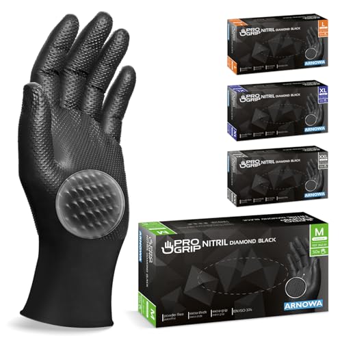 progrip nitrilhandschuhe einweg schwarz diamant grip extra stark gr. m 50 stück