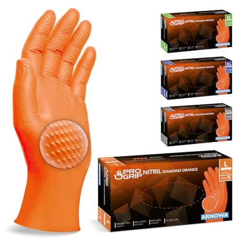 progrip nitrilhandschuhe schwarz, extra stark, dick, diamond grip, größe l, 50 stück