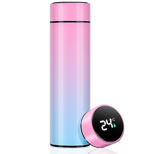 thermosflasche 500ml vakuum wasserflasche mit led touchscreen, luckyodor blau-rosa