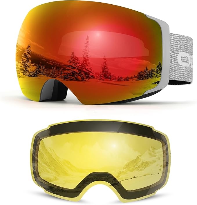 Produktbild: Odoland Skibrille Unisex Rahmenlose Snowboardbrille mit Wechselglas UV-Schutz Grau Rot