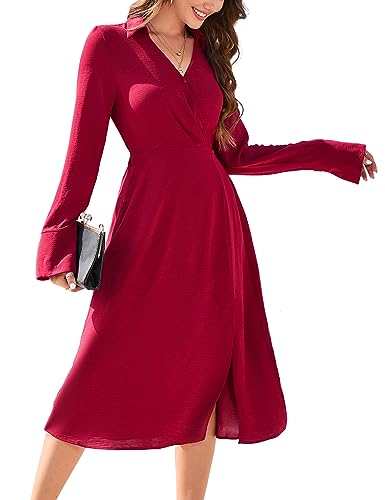 Produktbild: kojooin damen kleid langarm knielang v-ausschnitt split tunika a-linie rot xl