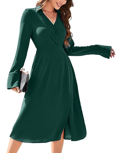Produktbild: kojooin damen kleid langarm v-ausschnitt knielang a-linie grün, größe l