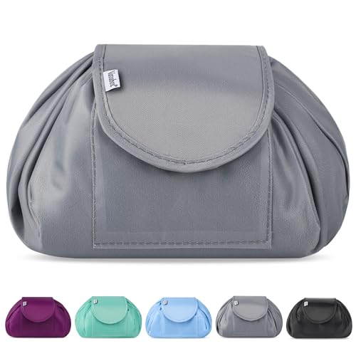 lazy kosmetikbeutel mit kordelzug, tragbare make-up tasche für damen und mädchen, grau