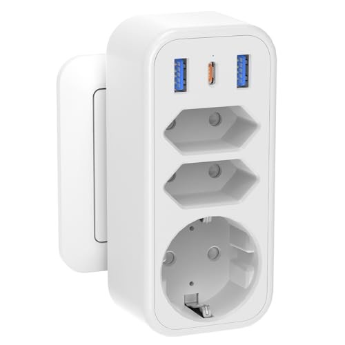 6 in 1 Mehrfachstecker mit 1 PD20W USB C, 3 Fach Steckdosenleiste, 4000W