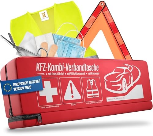 HELDENWERK 3 in 1 KFZ Kombitasche mit Warndreieck, Warnweste, Verbandskasten DIN 13164:2022