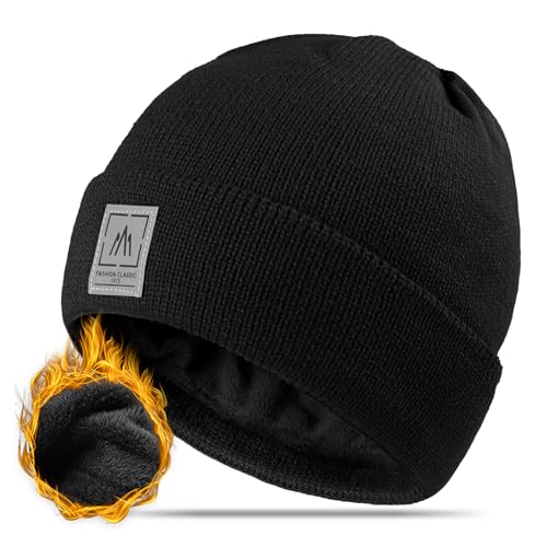 hiyato beanie mütze herren unisex wintermütze mit fleecefutter schwarz