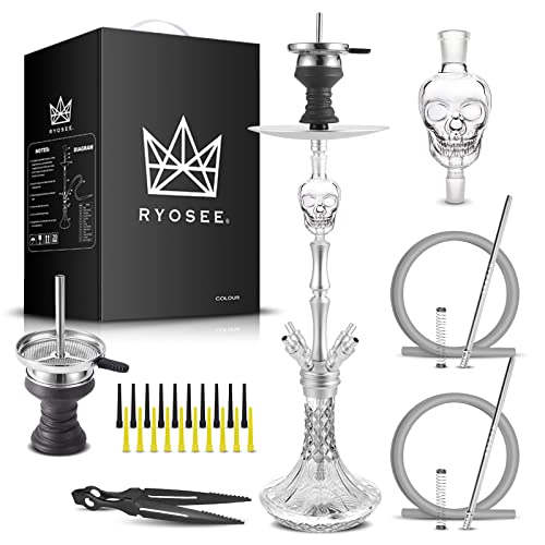 shisha set ryo see 80cm mit 2 schläuchen, totenkopf-ölsammler, zange, silber