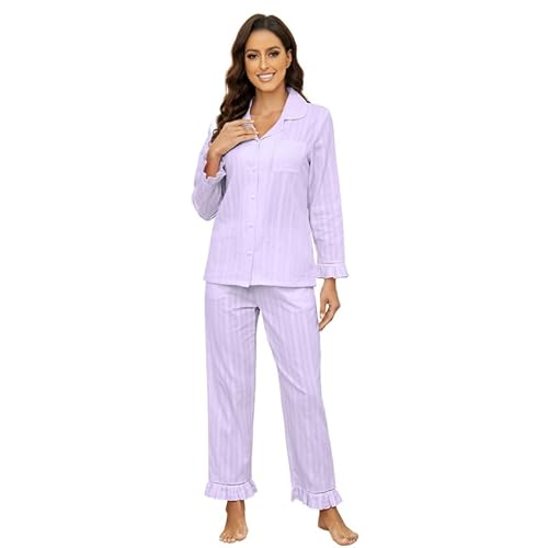 lycy schlafanzug damen langarm 100% baumwolle pyjama set bequem lavendel m