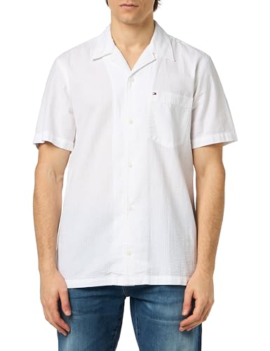 tommy hilfiger shirt seersucker kurzarm herren weiß optic white, größe s