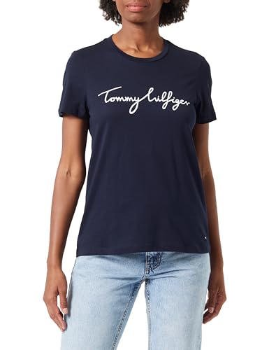 tommy hilfiger damen kurzarm t-shirt signature tee blau desert sky xs