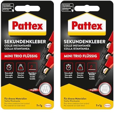 Produktbild: pattex super glue mini trio, 3x1g farbloser, schnelltrocknender kleber, spülmaschinenfest