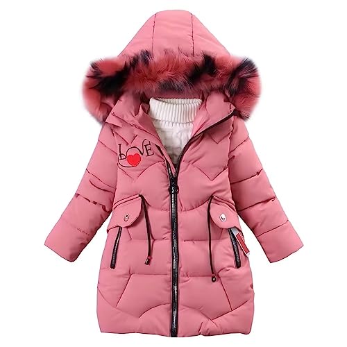 linboo Mädchen Winterjacke dicke steppjacke mit fellkapuze rosenrot 140-146