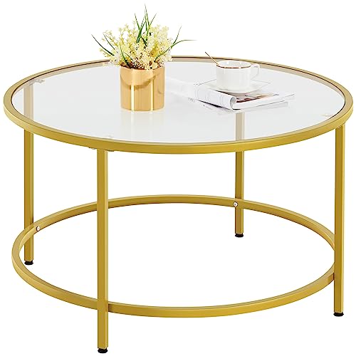 yaheetech runder couchtisch aus hartglas mit metallgestell 80x80x45 cm senfgelb