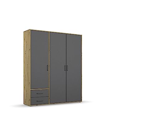 rauch möbel schrank kleiderschrank 3-türig grau metallic eiche artisan mit schubladen 140x194x53 cm