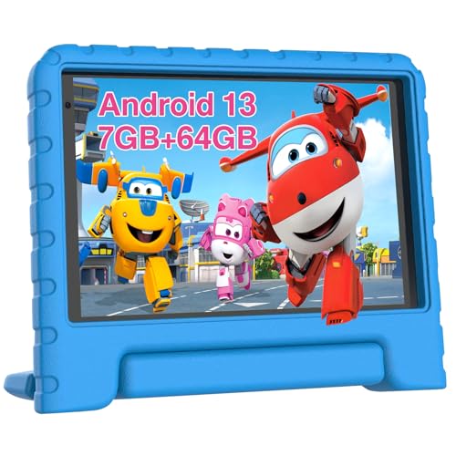 jUSYEA 7 zoll kinder tablet android 13, 7GB RAM, 64GB ROM, wifi 6, gps, dual-kamera, kindersicherung, blau