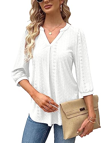 elegante damen bluse v-ausschnitt 3/4 ärmel tunika shirt casual solide weiß m