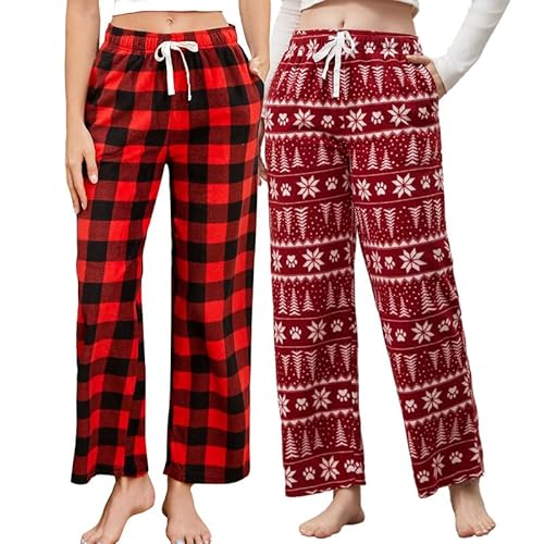 Produktbild: U2SKIIN Pyjamahose damen lang kariert mit taschen fleece schlafanzughose rot M