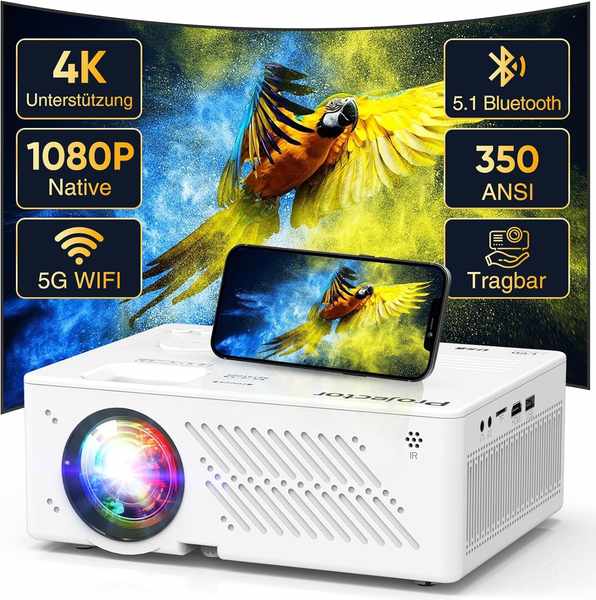 A-Native 4K Beamer, Native 1080P, 5G WiFi, Bluetooth, 16000L, 50% Zoom, Tragbarer Projektor bis 300