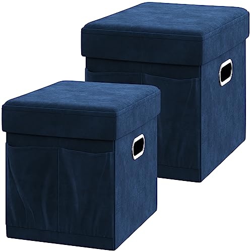 YITAHOME Sitzbank mit Stauraum, faltbare Samt Sitzwürfel 40x31x31cm blau, klappbare Aufbewahrungsbox und Hocker