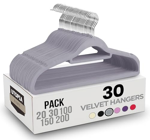 non-slip velours kleiderbügel 30er pack mit krawattenhalter für jacken und pullover - utopia home, grau