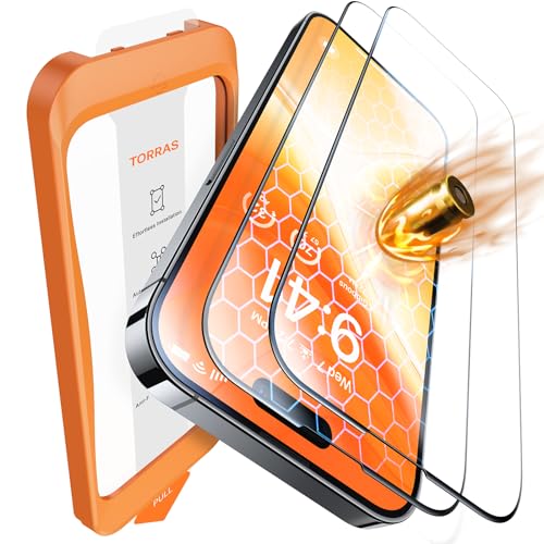 torras glass screen protector iphone 15 full screen shockproof 9h+ anti-fingerprint 2er pack
