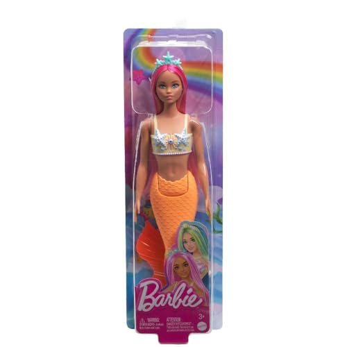 barbie meerjungfrau-puppe pink haarband mit seestern-oberteil und orange schwanzflosse
