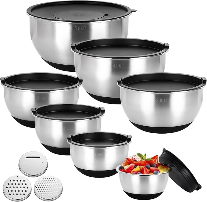 Edelstahl Schüssel Set 7-teilig mit Deckel & Reibenaufsätzen, stapelbar, spülmaschinenfest