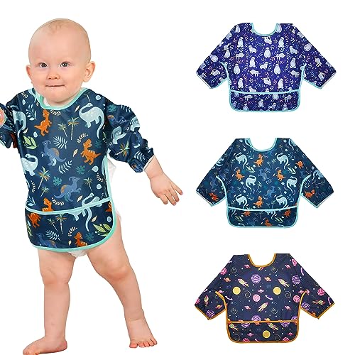 Lictin lätzchen baby 3er set mit ärmeln wasserdicht und auffangschale marineblau