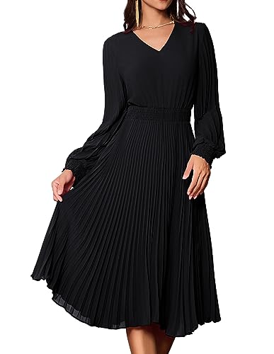 faltenrock damen schwarz a-linie elegant langarm v-ausschnitt swing kleid CLK022A23-01