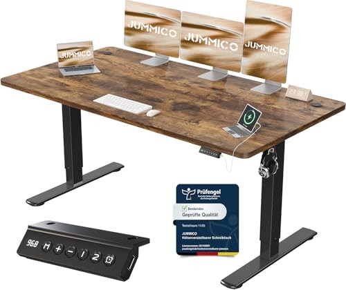 Höhenverstellbarer Schreibtisch elektrisch 160x70 cm mit USB-Ladeanschluss, Braun