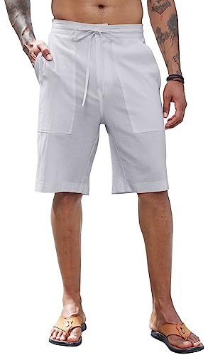 ctu herren shorts leinen baumwolle elastische taille sommer jogger hellgrau m