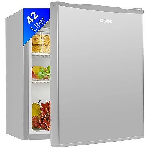 mini kühlschrank 42 liter von bomann, leise, für büro, camping, gaming, inox, 51x45x45 cm