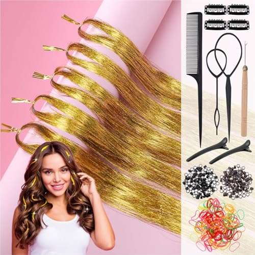 huiguli haarsträhnen tinsel 120cm, farbige glitzer haarverlängerung mit werkzeug
