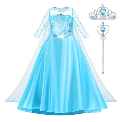 aoowu elsa kostüm mädchen 3-teiliges prinzessin kleid mit krone zauberstab 130cm