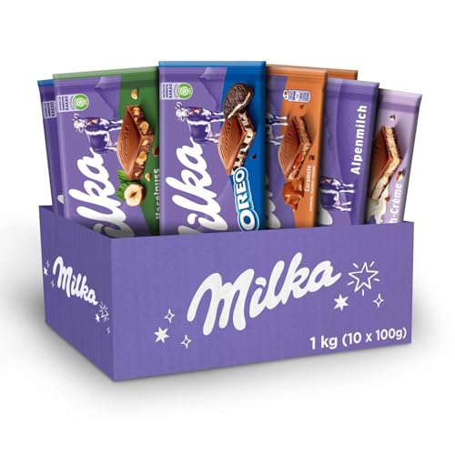 milka schokoladen geschenkbox 1 kg, 10 tafeln, 5 sorten, alpenmilch, haselnuss, karamel, oreo