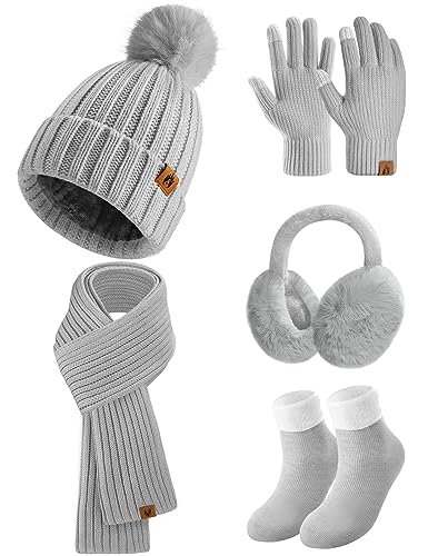 Niwicee Wintermütze Damen Set: Fleece Beanie Schal Handschuhe Socken 5-teilig