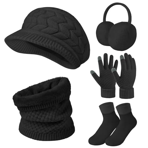 niwicee winter set mütze schal handschuhe socken ohrenschützer schwarz fleecig