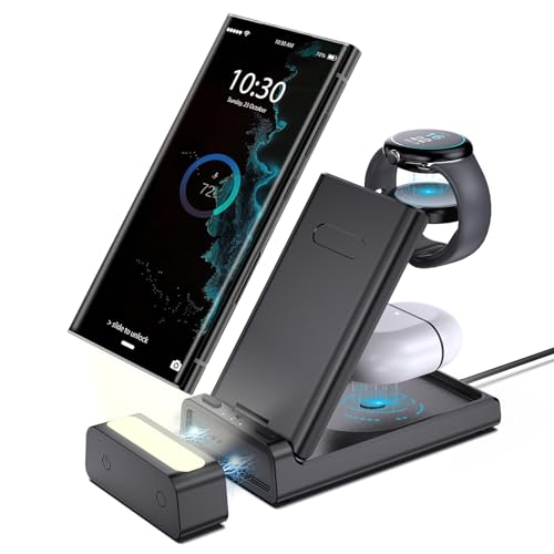kabelloses ladegerät faltbar 3 in 1 von aukvite für samsung s23 s22 s21 pixel 7 15 galaxy watch 6 5 4 buds nachtlicht