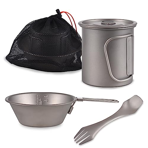 Doorslay Camping Kochgeschirr Set, 3-teiliges Titan Campingbesteck, faltbare Tasse, Schüssel und Spork für Outdoor Abenteuer