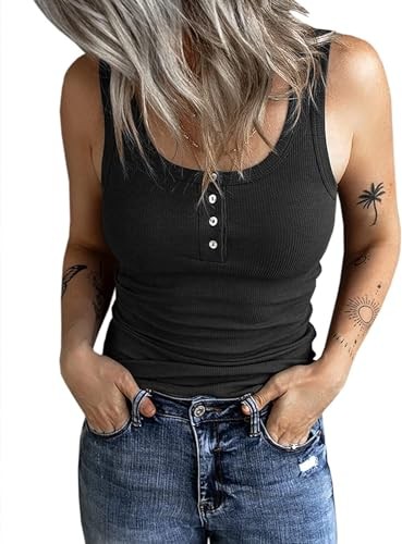Damen Tops Ärmellos U-Ausschnitt Sexy Sommer Camisole Gerippt mit Knöpfen