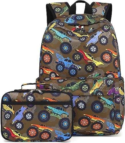 LEDAOU schulrucksack kinder jungs mädchen teenager mit lunchtasche geländewagen braun