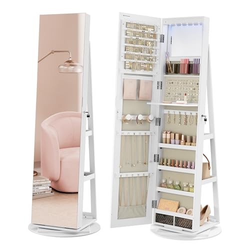 Schmuckschrank mit Spiegelschrank, rahmenlos, 3 Ablagen, 360 drehbar, abschließbar