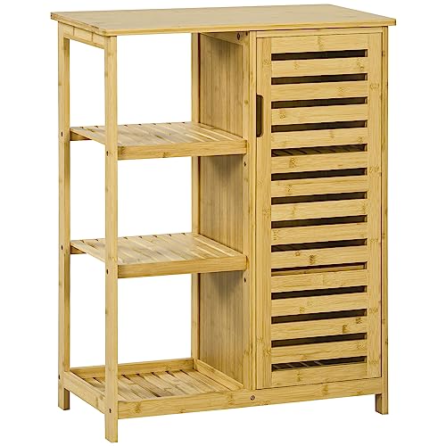 kleankin badezimmerschrank mit schrankfach, 3 offenen ebenen, bambus, 66 x 33 x 87 cm